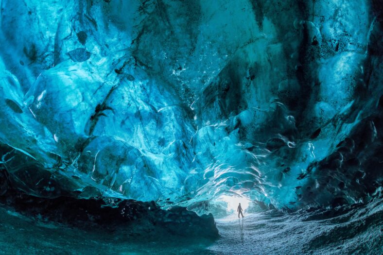 Ice cave at the Vatnajokull Glacier, the largest glacier in Europe, near Jokulsarlon, Iceland on February 21, 2018