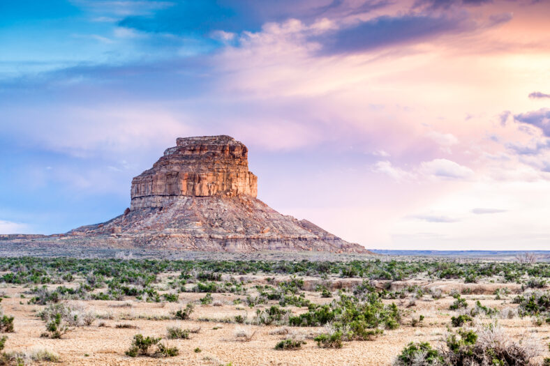 Beautiful sunset over a golden Fajada Butte