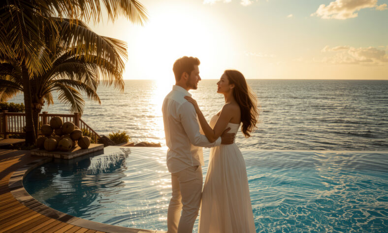 A couple embraces by tropical pool at sunset, surrounded by palm trees and ocean views, creating romantic atmosphere