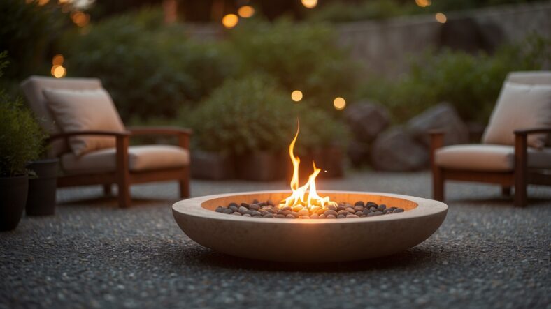 A serene evening outdoor fire pit surrounded by two cozy chairs, perfect for relaxation and warmth.